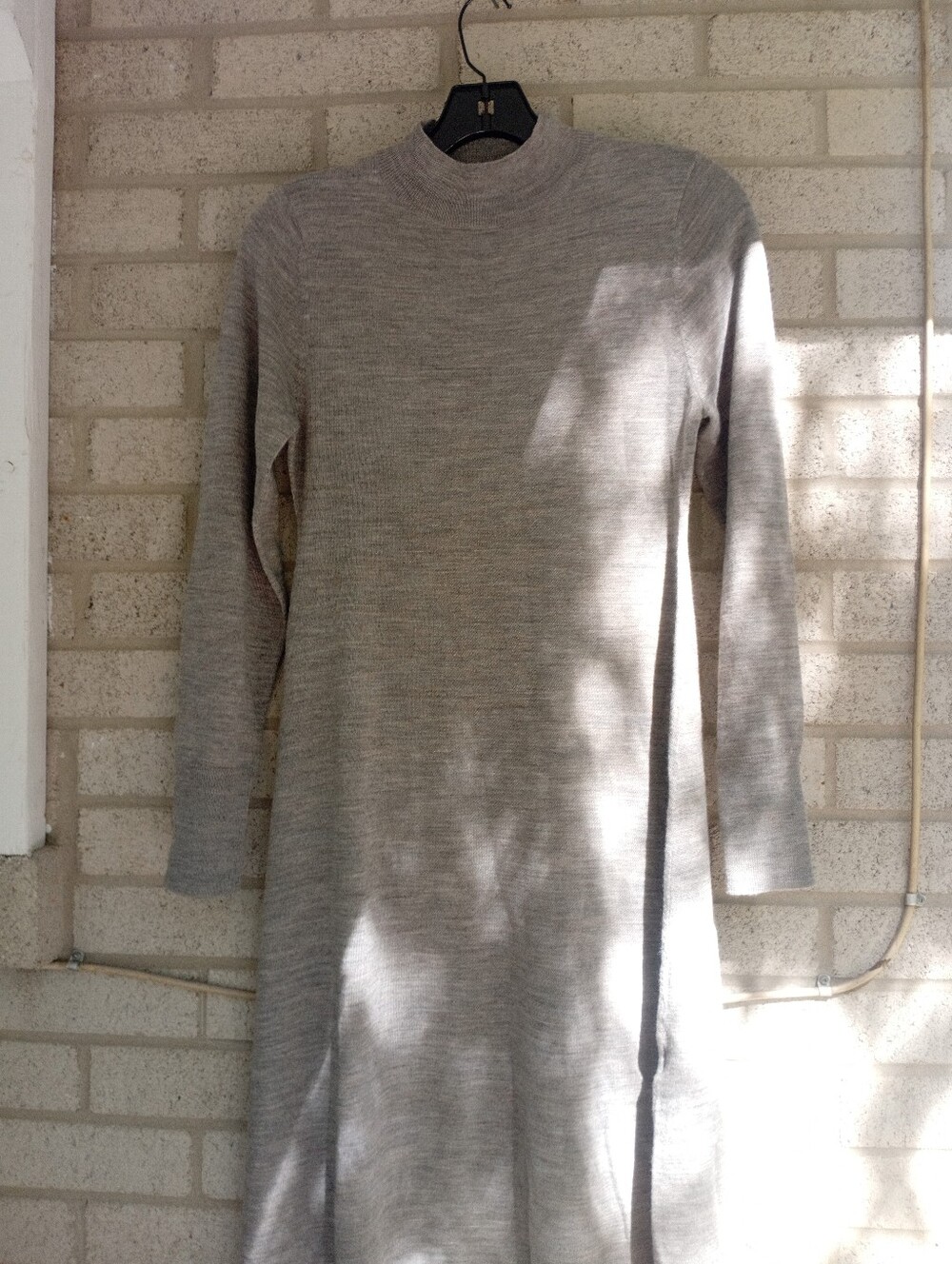 Stretchy Wool Knit dress Speckled Gray Mock neck L/Sleeve Body Fitting Duster